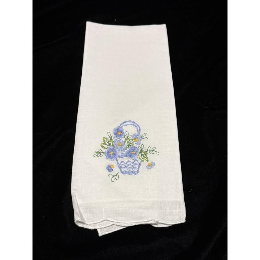 Vintage New Embroidered Flower Basket Linen Hand Tea Towel